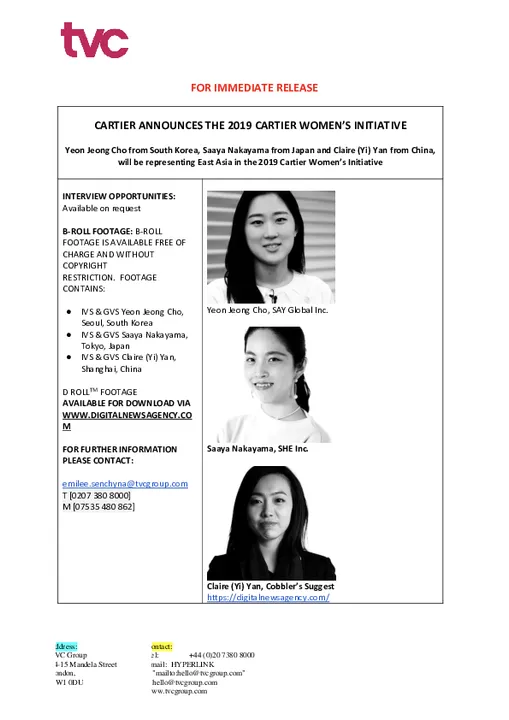 Entrepreneurs in East Asia announced as finalists for the 2019 Cartier Women's Initiative 