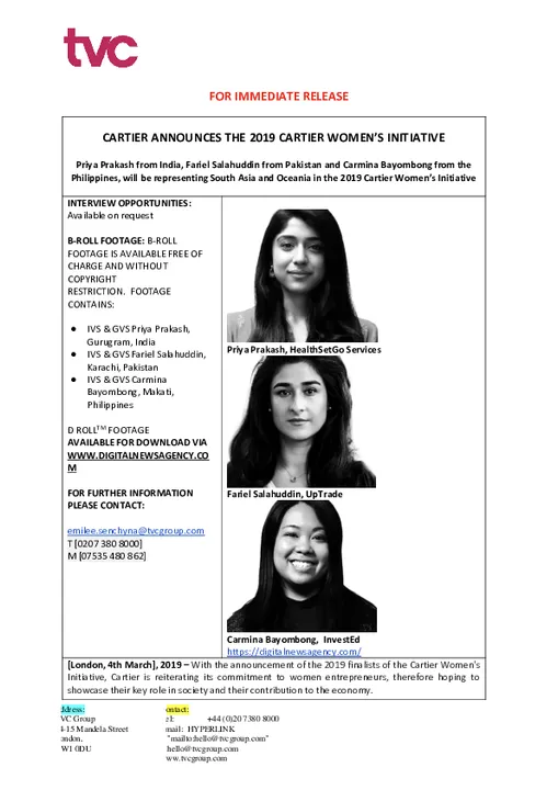 Entrepreneurs in South Asia &amp; Oceania announced as finalists for the 2019 Cartier Women's Initiative